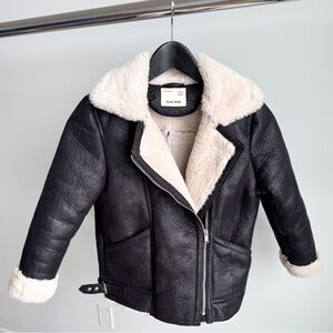 Zara Kids Black Faux Leather Aviator Moto Jacket Size 8 128cm Sherpa Lined
